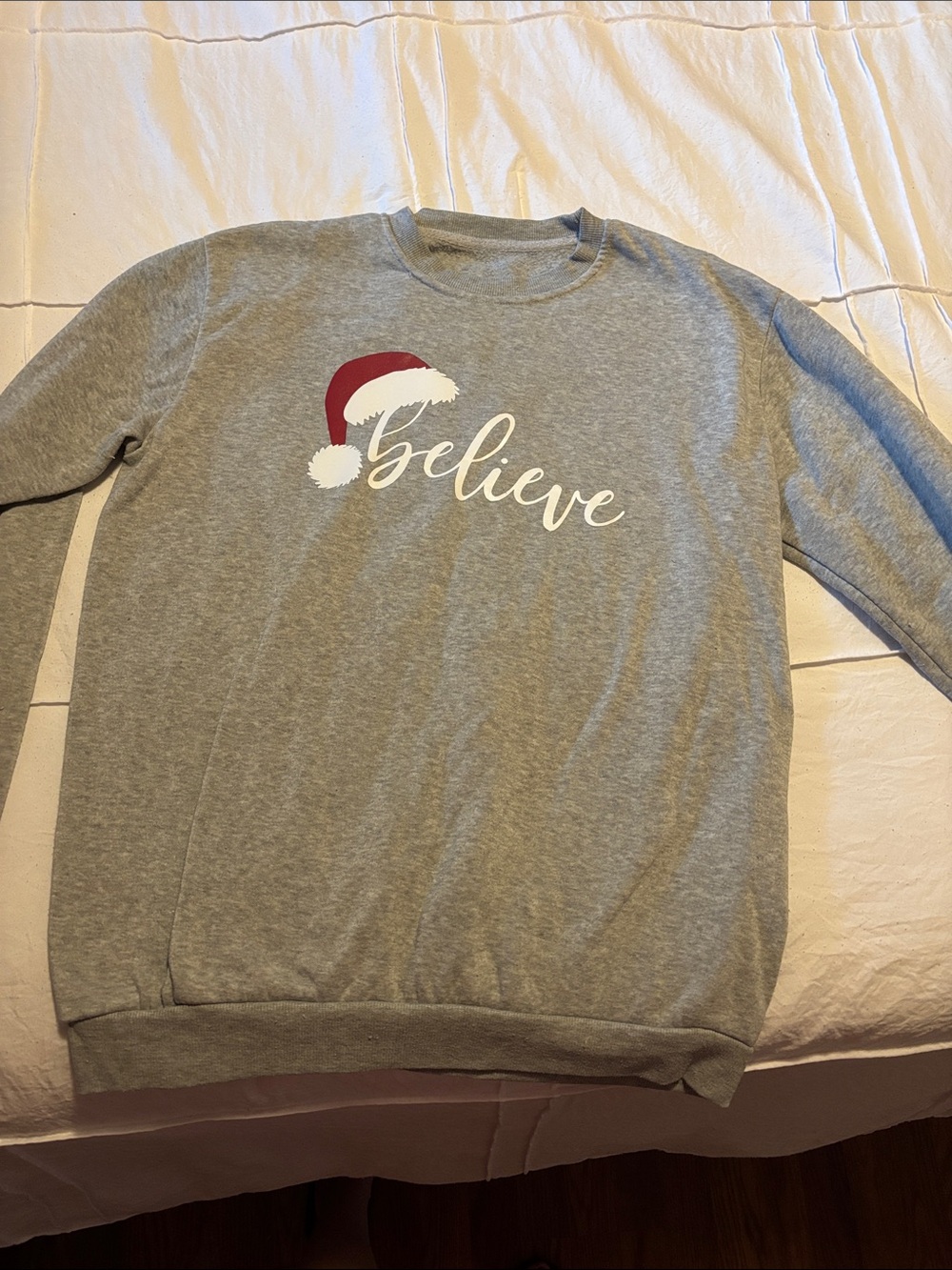 SHEIN Gray 'Believe' Crewneck Sweatshirt with Red Santa Hat
